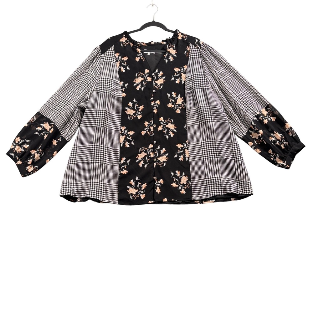 Whimsigoth Floral Patchwork Blouse 2X Mixed Print Button Front‎ Eclectic Artsy